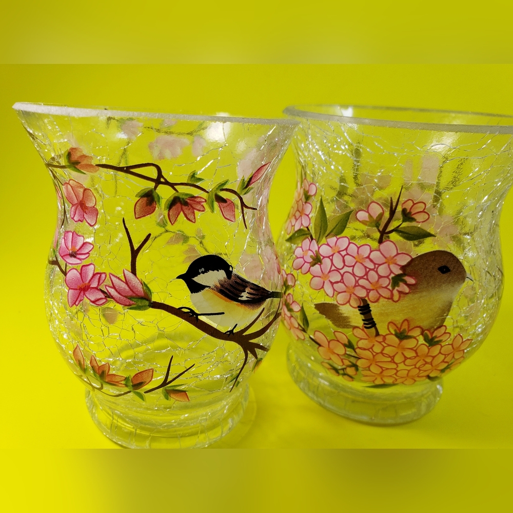 Two Bird Art Glass Vase Set - Crackle Glass